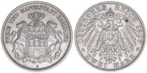 Reichsstadt Hamburg. 2 Mark, 1907 J. 11,09g ... 