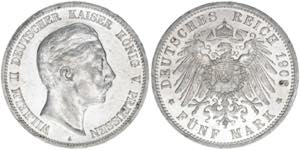 Wilhelm II. 1888-1918 Preussen. 5 Mark, 1908 ... 