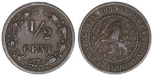 1/2 Cent, 1900 Niederlande. 1,27g. Schön 2 ... 