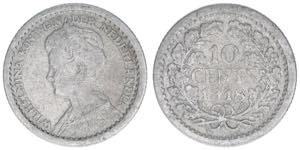 Wilhelmina Niederlande. 10 Cent, 1918. 1,39g ... 
