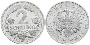 Verkehrsmünzen 2 Schilling, 1947. Aluminium ... 