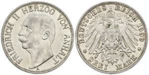 Friedrich II. 1904-1918 Anhalt. 3 Mark, 1909 ... 