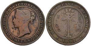 Victoria Ceylon. 5 Cent, 1892. 20,26 ... 
