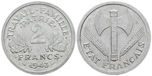 2 Francs, 1943 Frankreich. 2,19g. vz/stfr