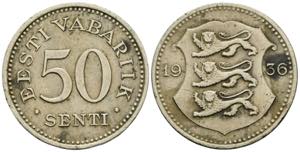 50 Senti, 1936 Estland. 7,38g. Schön 17 ss
