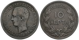 10 Lepta, 1869 Griechenland. 9,65g. ... 