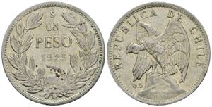 1 Peso, 1925 Chile. 8,88g. Schön 15 ss+