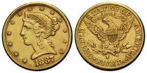 5 Dollars 1887 21.5 mm. Gold 0.900. Liberty ... 