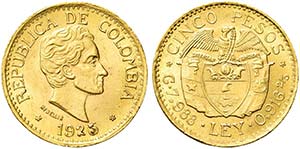 COLOMBIA.  Repubblica.   5 Pesos 1925.  Au ... 