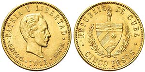 CUBA.  Repubblica, 1902-1962.   5 Pesos ... 