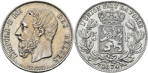 Leopold II. 1865-19095 Francs 1874 ... 