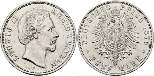 Ludwig II. 1864-1886 - 5 Mark 1876 ... 