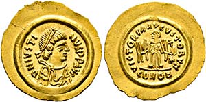 (D)   Iustinus II. (565-578).  Tremissis ... 