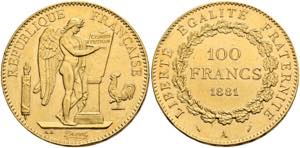 FRANKREICH - 100 Francs (29,03g) 1881 A kl. ... 
