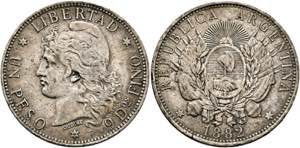 ARGENTINIEN - Peso 1882 winz. Randfehler KM ... 