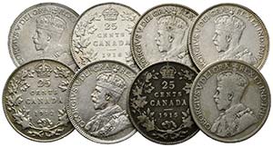 George V. 1910-1936 - Lot 8 Stück; 25 Cents ... 