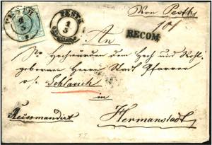 AUSGABE 1850 - ⌂,   PESTH 2/5 Rekobrief ... 