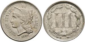 U S A3 Cents 1867  -  - vzgl./f.stplfr.