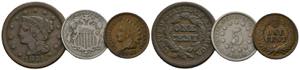 U S ALot 3 Stück; 5 Cents 1882; Cent 1851 ... 
