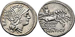L. Sentius C.f. - Denarius (3,78 g), Roma, ... 