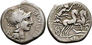 M. Cipius M.f. - Denarius (3,65g) 115/114 v. ... 