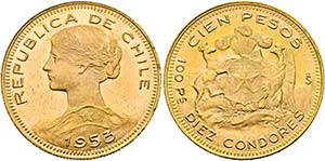 CHILE - 100 Pesos (20,35g) 1953 Santiago kl. ... 