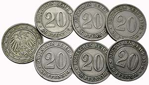 DEUTSCHLAND - Lot 7 Stück; 20 Pfennig 1890 ... 
