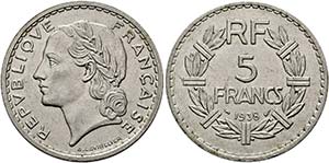 FRANKREICH - 5 Francs (Nickel) 1938 kl. ... 