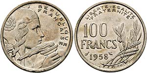 FRANKREICH - 100 Francs 1958 Bz Eule. kleine ... 