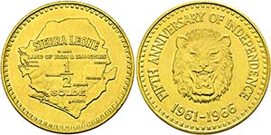 SIERRA LEONE - 1/2 Golde 1966, 5 Jahre ... 