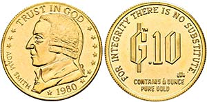 U S A - AU-Medaille zu 1/10 Oz. 1980 Adam ... 