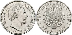 Ludwig II. 1864-1886 - 5 Mark 1876 D AV kl. ... 