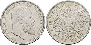 Wilhelm II. 1891-1918 - Lot 6 Stück; 5 Mark ... 