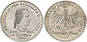 Bundesrepublik - 5 DM 1955 F, Schiller. Av. ... 