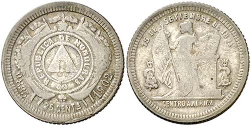 1902/812. Honduras. 25 centavos. ... 