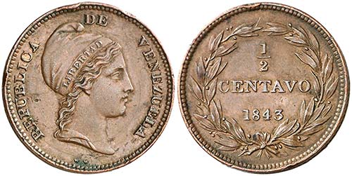 1843. Venezuela. 1/2 centavo. (Kr. ... 