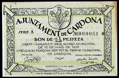 Cardona. 1 peseta. (T. 791). Nº ... 