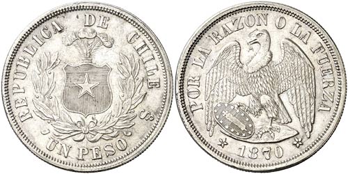 1870. Chile. Santiago. 1 peso. ... 