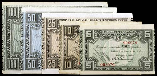 1937. Banco de Bilbao. 5, 10, 25, ... 