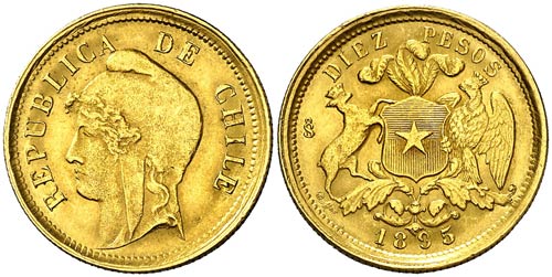 1895. Chile. Santiago. 10 pesos. ... 