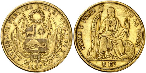 1863. Perú. Lima. YB. 8 escudos. ... 