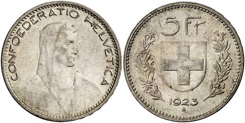1923. Suiza. 5 francos. (Kr. 37). ... 
