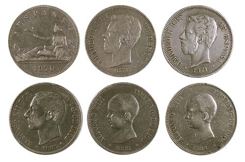 1870 a 1888. 5 pesetas. Lote de 6 ... 