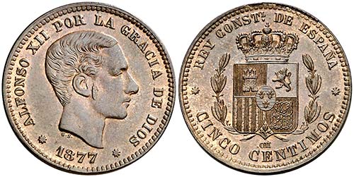 1877. Alfonso XII. Barcelona. . 5 ... 