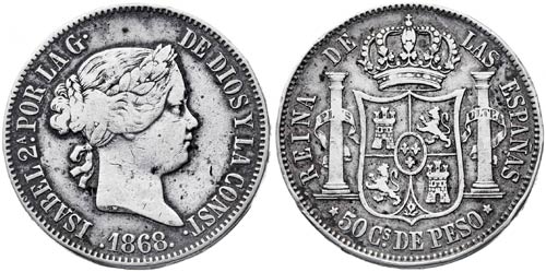 1868. Isabel II. Manila. 50 ... 