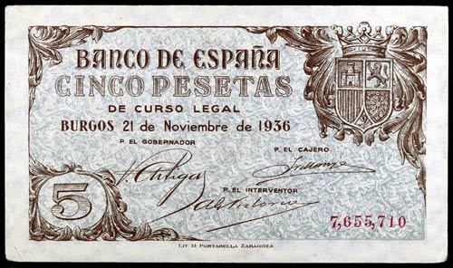 1936. Burgos. 5 pesetas. (Ed. D18) ... 