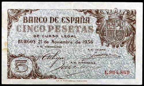 1936. Burgos. 5 pesetas. (Ed. D18) ... 
