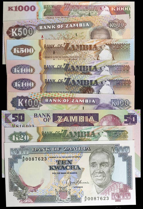 Zambia. 9 billetes de diversos ... 