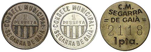 Segarra de Gaià. 1 peseta (tres). ... 