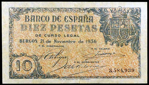 1936. Burgos. 10 pesetas. (Ed. ... 